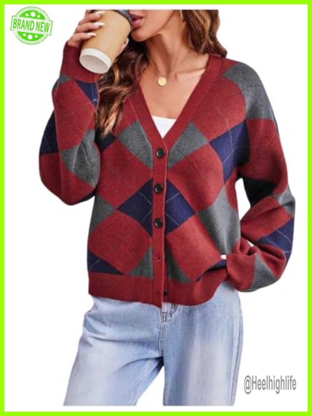 Women's Argyle Plaid V Neck Long Sleeve Button Front Cardigan Sweater
